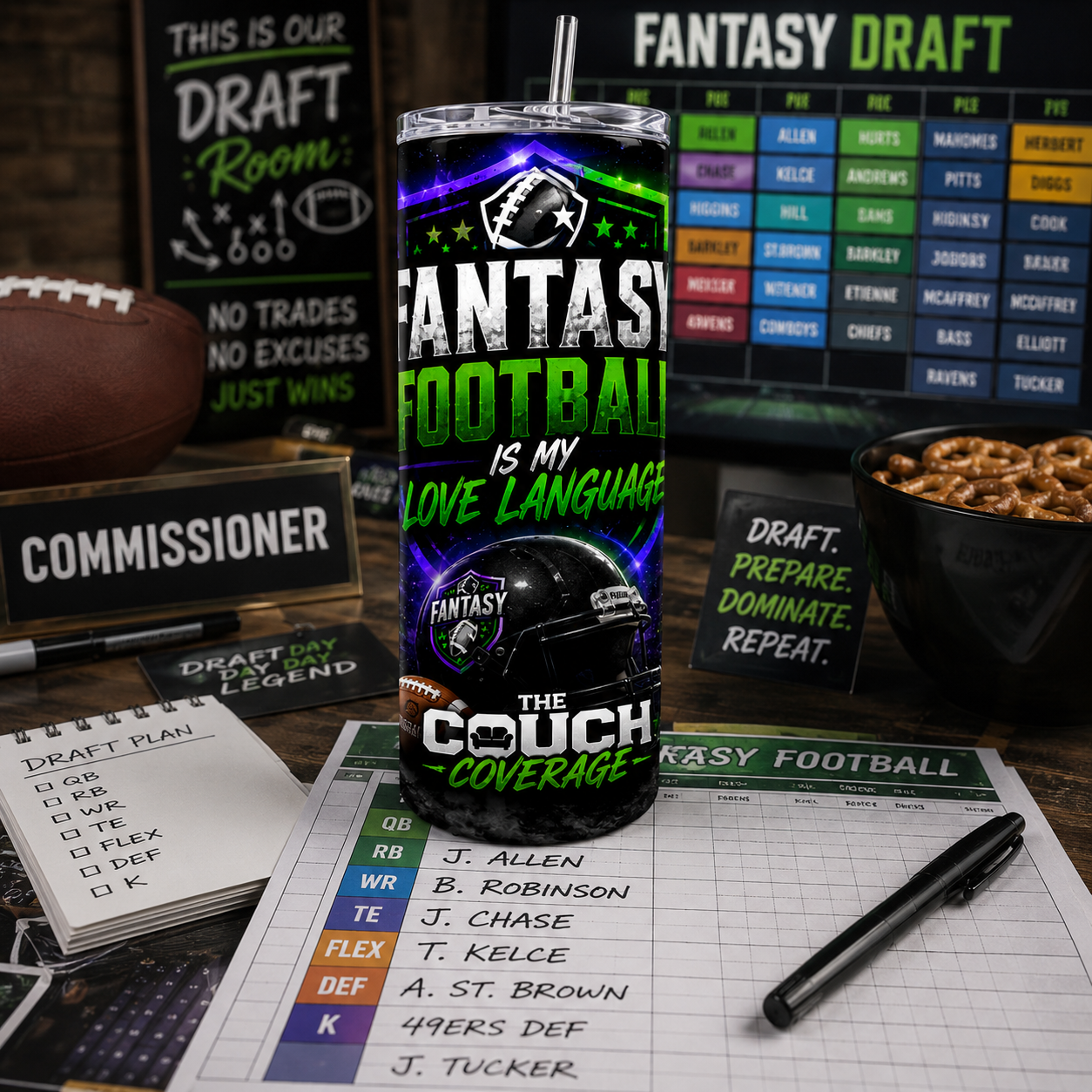 Fantasy Football Is My Love Language 20oz Skinny Tumbler – Stainless Steel Tumbler with Lid & Straw | The Couch Coverage