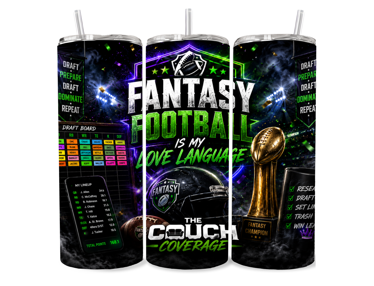 Fantasy Football Is My Love Language 20oz Skinny Tumbler – Stainless Steel Tumbler with Lid & Straw | The Couch Coverage
